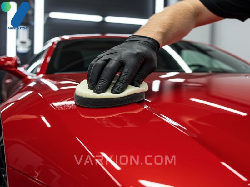 a-close-up-of-a-detailer-applying-car-wax-paste-to-a-red-sports-car-with-a-circular-foam-applicator
