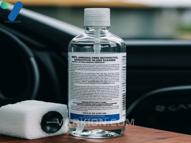a-detailed-photograph-of-a-clean-clear-glass-bottle-labeled-ammonia-free-automotive-glass-cleaner-showing-the-ingredient-list-focusing-on-non-toxic-solvents-and-deio