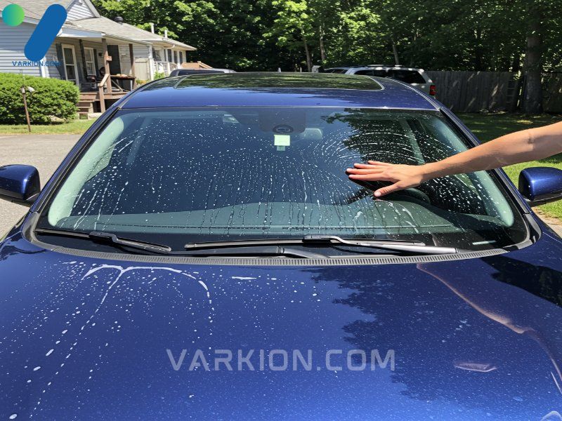 a-wide-shot-of-a-pristine-car-with-a-perfectly-clean-highly-reflective-windshield-on-a-sunny-day