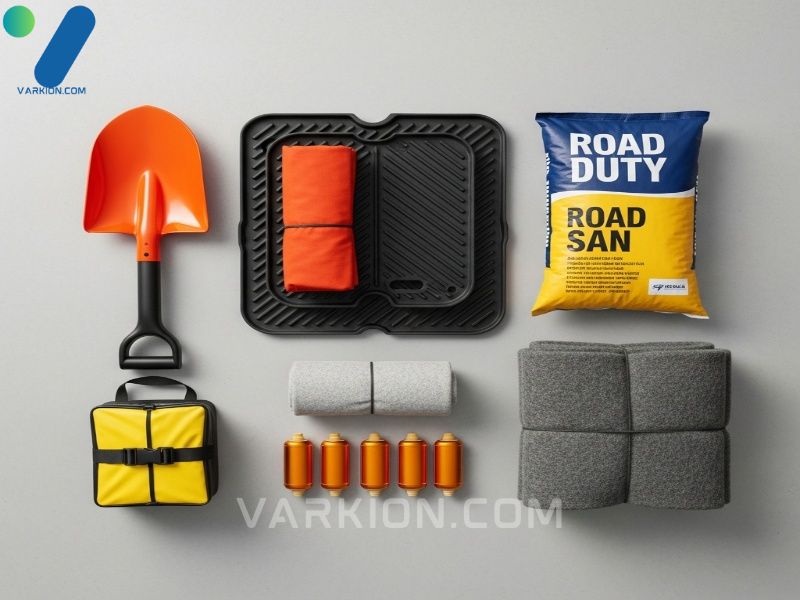 aerial-view-of-a-winter-car-emergency-kit-with-shovel-traction-mats-road-sand-and-blankets