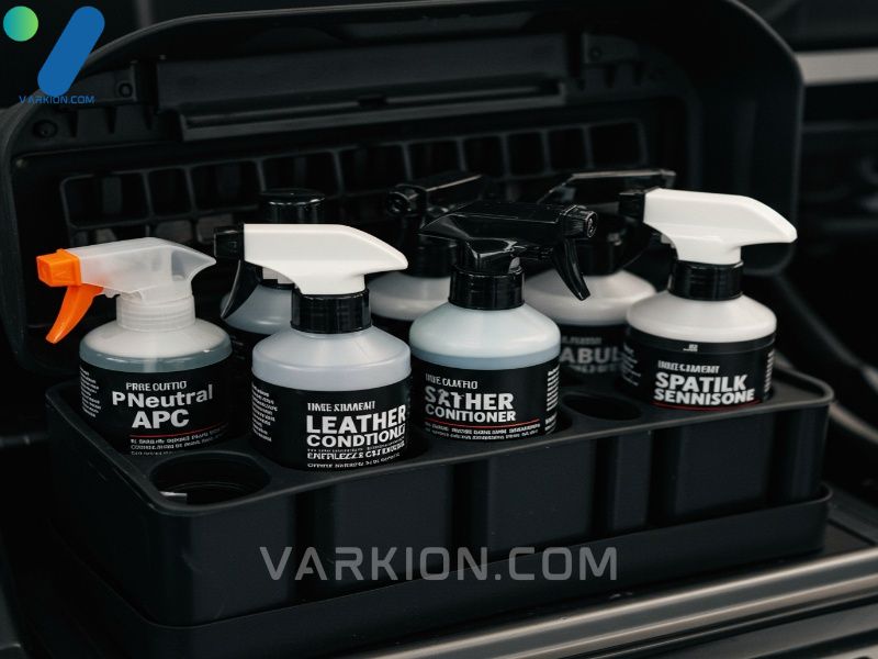 alt-text-close-up-of-labeled-detailing-chemicals-apc-leather-conditioner-glass-cleaner-organized-in-a-caddy