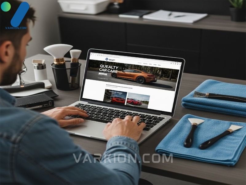 automotive-enthusiast-researching-car-care-products-on-a-laptop-surrounded-by-detailing-tools-and-towels