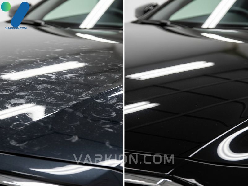 before-and-after-paint-correction-on-a-black-car-hood-dull-swirls-versus-high-gloss-reflection