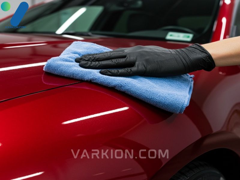 buffing-wax-haze-off-deep-red-car-paint-with-a-microfiber-towel