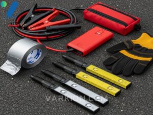 cables-jump-starter-duct-tape-gloves-and-led-flares-from-a-car-emergency-kit-on-dark-pavement