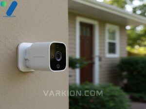 camara-de-seguridad-homekit-montada-cerca-de-una-puerta-mostrando-el-logo-de-homekit-secure-video