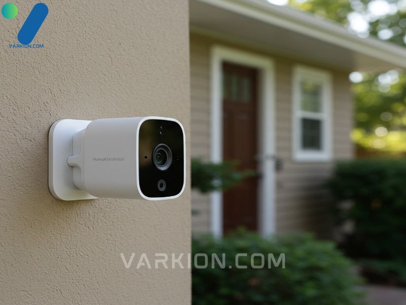 camara-de-seguridad-homekit-montada-cerca-de-una-puerta-mostrando-el-logo-de-homekit-secure-video