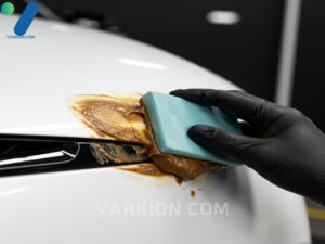 clay-bar-pulling-brown-contaminants-from-white-car-paint