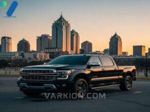 clean-black-truck-reflecting-the-san-antonio-skyline-at-sunset
