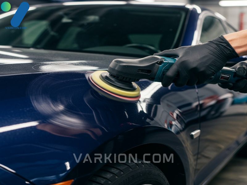 close-up-of-a-detailer-using-a-da-polisher-on-a-dark-blue-metallic-car