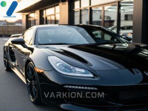 coche-deportivo-negro-brillante-recien-detallado-estacionado-afuera-de-una-instalacion-moderna