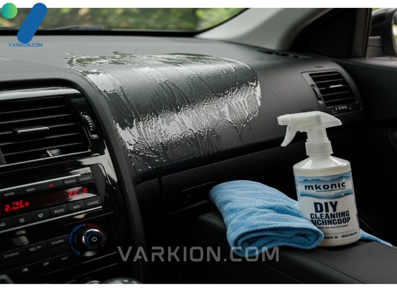 coche-interior-limpio-salpicadero-mate-botella-de-spray-diy-y-pano-de-microfibra-en-el-asiento