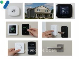 collage-of-smart-home-devices-in-a-dr-horton-home-thermostat-motorized-blind-and-smart-door-lock