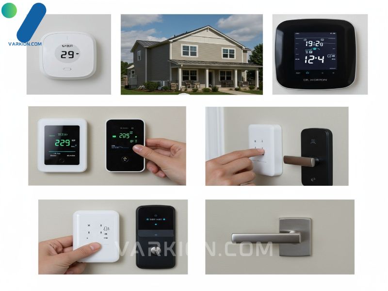collage-of-smart-home-devices-in-a-dr-horton-home-thermostat-motorized-blind-and-smart-door-lock