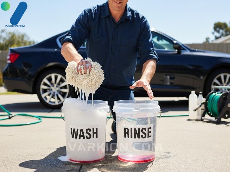 demonstrating-the-two-bucket-method-using-a-professional-car-wash-kit-to-safely-prevent-swirl-marks-during-vehicle-cleaning