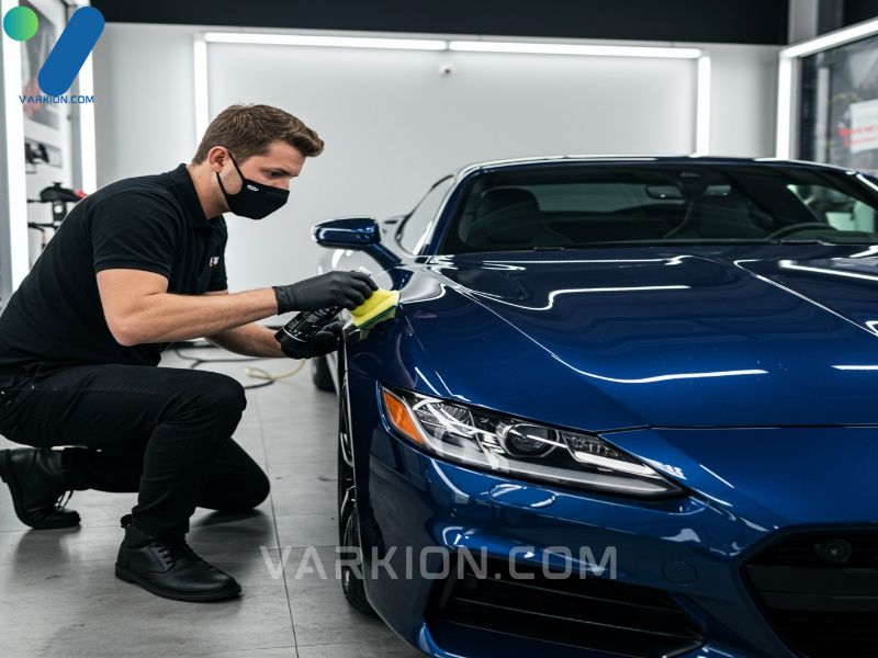 detailer-applying-ceramic-coating-to-a-dark-blue-luxury-sports-car-in-a-garage
