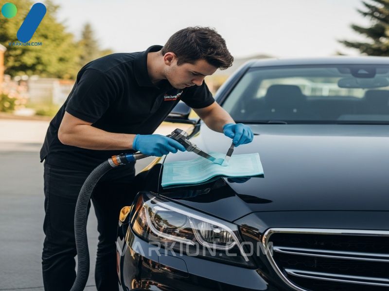 detailer-applying-ceramic-coating-to-the-hood-of-a-dark-luxury-sedan-in-a-driveway