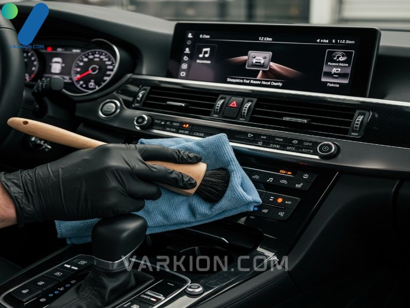 detailer-cleaning-car-center-console-buttons-and-screens-with-a-soft-brush-and-microfiber-towel