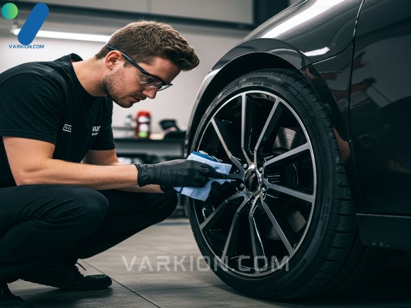 detailer-con-guantes-y-gafas-de-seguridad-preparandose-para-limpiar-una-rueda-de-coche