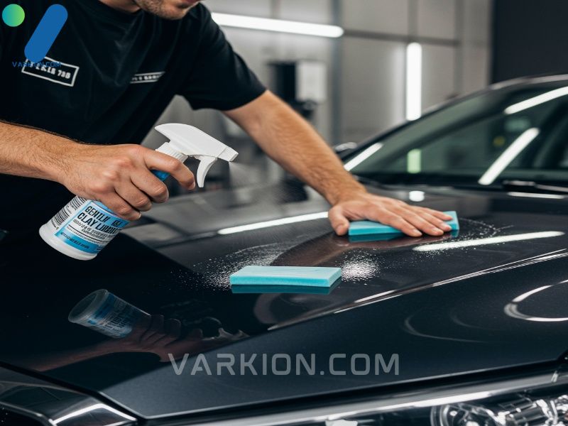 detailer-gliding-a-clay-bar-over-a-car-hood-using-lubricant-spray-for-decontamination