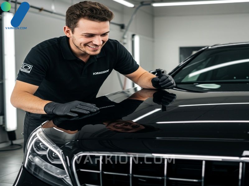 detailer-smiles-inspecting-the-mirror-finish-deep-black-paint-of-a-luxury-sedan