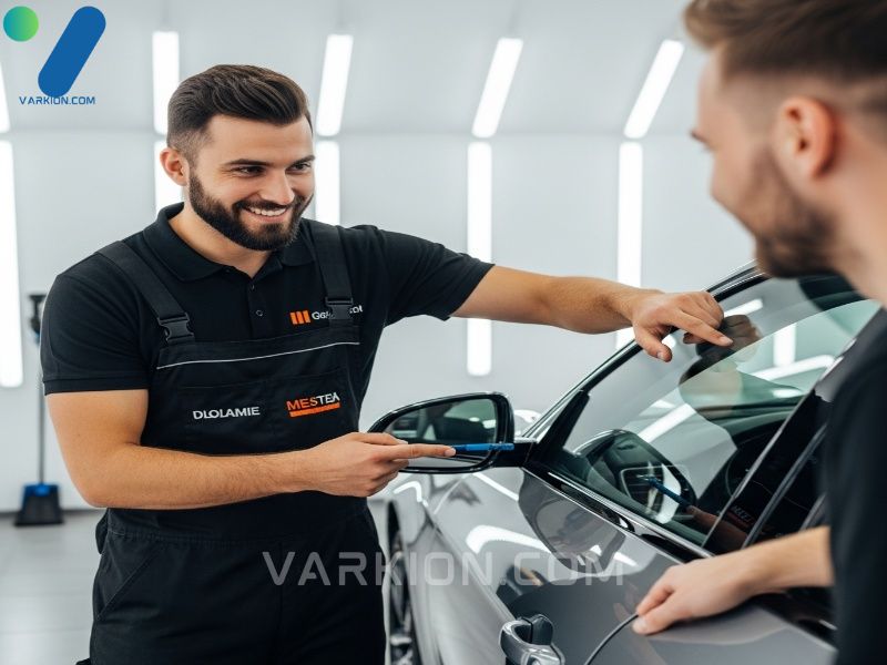 detailer-sonriente-senala-el-resultado-de-alta-calidad-en-la-puerta-de-un-coche-recien-detallado-a-un-cliente