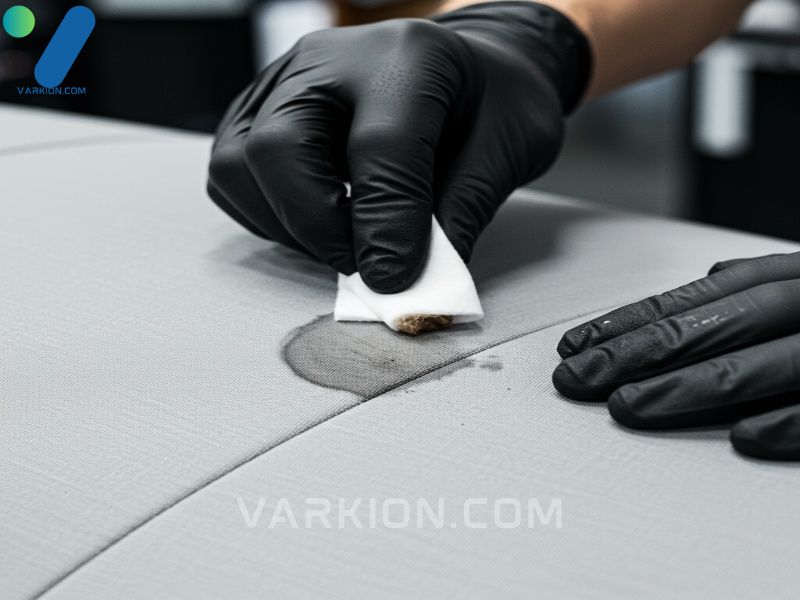 detailer-spot-treating-an-ink-stain-on-gray-upholstery-using-a-cotton-swab-and-solvent