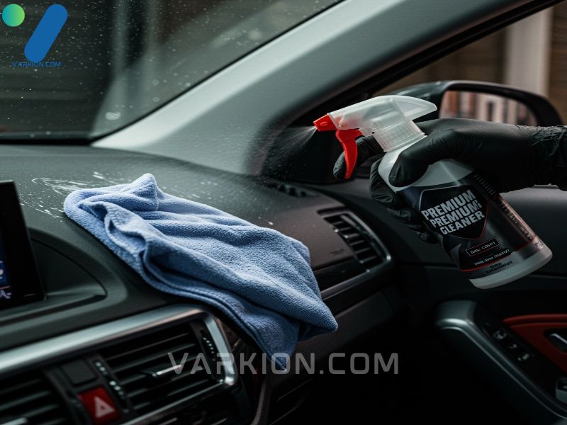 detailer-sprays-foam-cleaner-onto-a-towel-for-cleaning-a-modern-car-dashboard