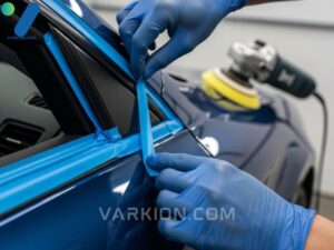 detailer-taping-off-plastic-trim-and-rubber-seals-before-auto-buffing