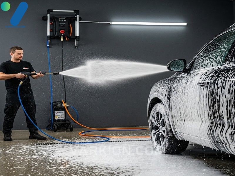 detailer-usando-una-hidrolavadora-montada-en-la-pared-y-un-canon-de-espuma-para-cubrir-una-suv-oscura-con-espuma-espesa