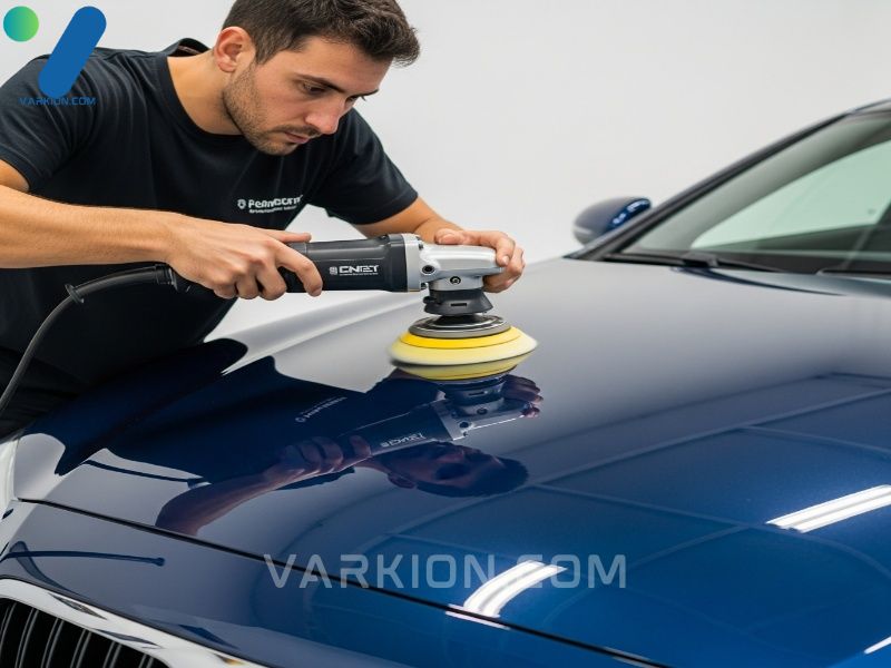 detailer-uses-a-polisher-on-a-dark-blue-luxury-car-hood-achieving-intense-gloss-and-reflection