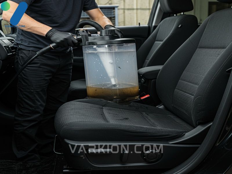 detailer-uses-hot-water-extractor-on-a-dark-car-seat-dirty-water-shows-in-the-clear-recovery-tank