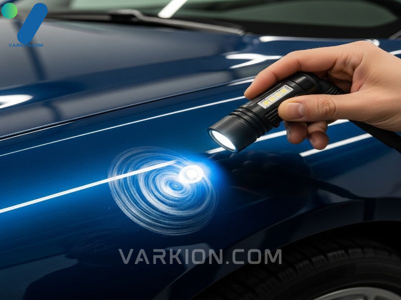 detailer-uses-led-light-to-inspect-dark-blue-metallic-paint-highlighting-swirl-marks