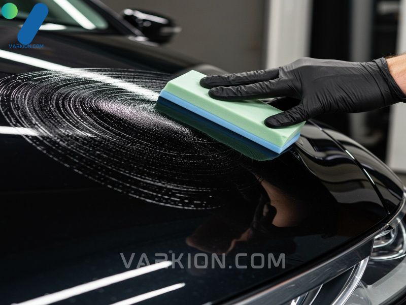 detailer-using-a-clay-bar-and-lubricant-on-a-black-car-hood-to-decontaminate-the-paint