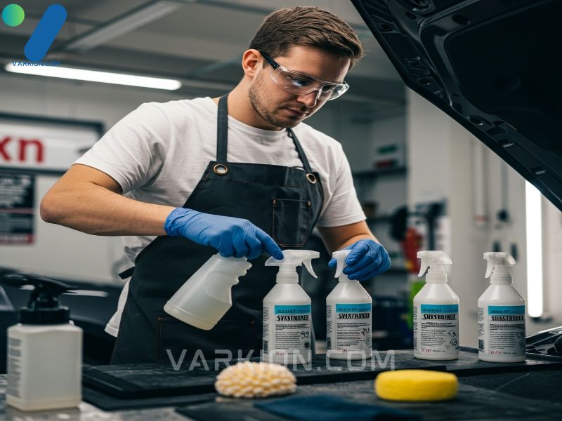 detailer-wearing-ppe-mixing-concentrated-chemicals-into-labeled-spray-bottles