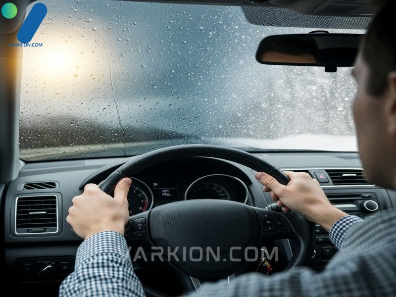 driver-holding-a-steering-wheel-looking-at-sun-rain-and-snow-confident-in-their-tires