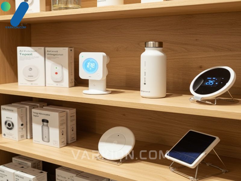 eco-friendly-smart-home-gadgets-including-a-thermostat-and-solar-charger-displayed-on-a-wood-shelf