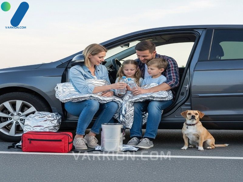 family-uses-survival-kit-items-blankets-water-in-a-parked-car-with-their-dog