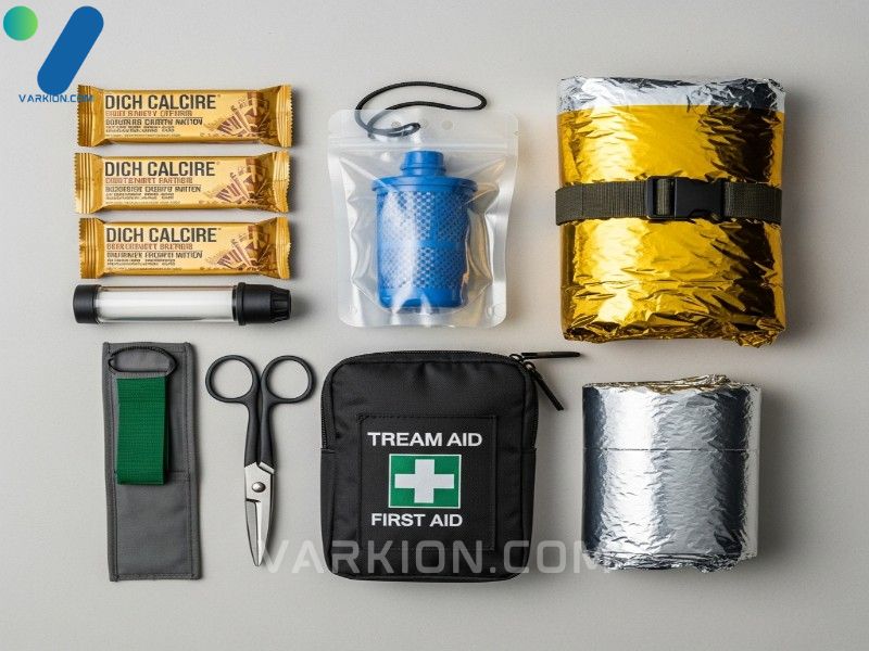 flat-lay-of-car-survival-kit-contents-ration-bars-water-pouch-filter-first-aid-kit-shears-and-thermal-blanket