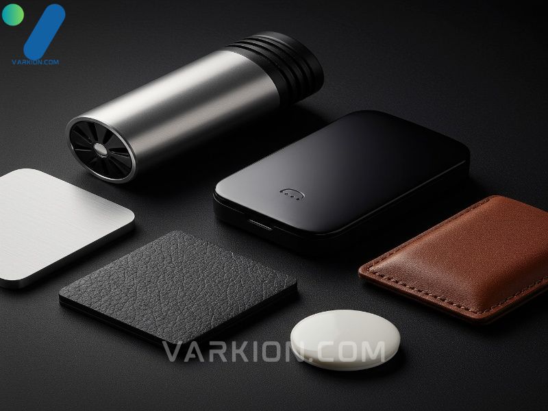 flat-lay-of-luxury-car-air-freshener-materials-aluminum-matte-black-leather-and-ceramic-disc