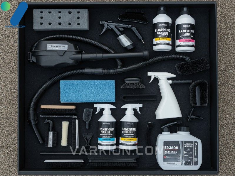 flat-lay-of-professional-car-detailing-tools-including-brushes-vacuum-hose-steam-nozzle-and-solutions