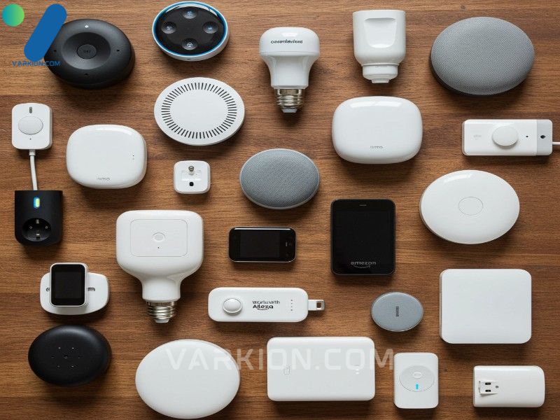 flat-lay-of-smart-home-devices-plugs-bulbs-sensors-thermostats-branded-works-with-alexa
