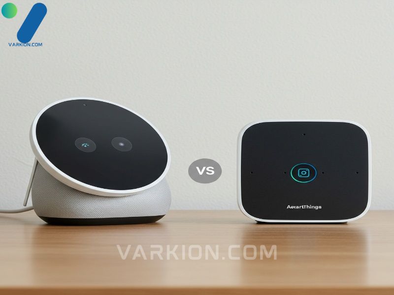 google-nest-hub-2nd-gen-next-to-an-aeotec-smart-home-hub-comparing-google-home-and-smartthings-hardware