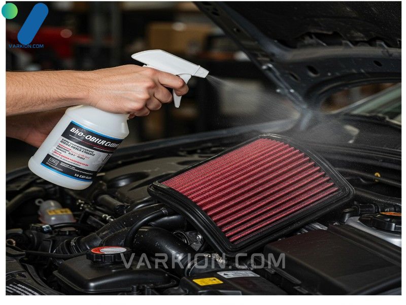 hands-spraying-cleaning-solution-onto-a-red-performance-air-filter