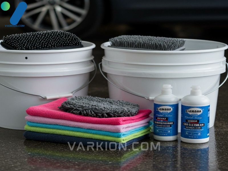 herramientas-esenciales-y-economicas-para-lavar-autos-dos-cubetas-guantes-toallas-de-microfibra-y-jabon