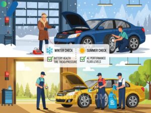 infografia-de-coche-siendo-revisado-en-invierno-bateria-neumaticos-y-verano-ac-fluidos