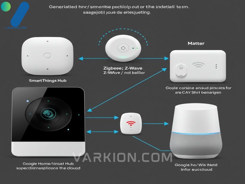 infografia-de-protocolos-de-hogar-inteligente-zigbee-z-wave-wi-fi-y-matter-muestra-smartthings-hub-vs-google-home