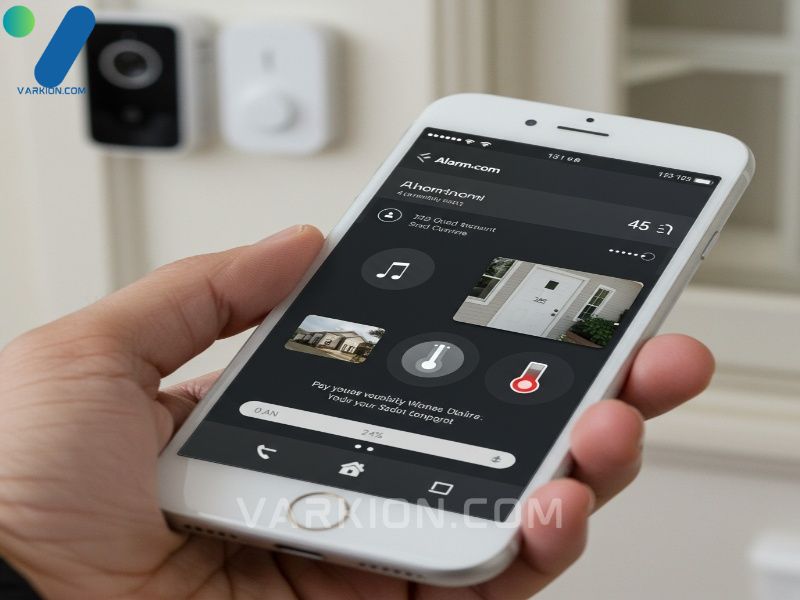 interfaz-de-la-aplicacion-movil-alarmcom-en-un-smartphone-mostrando-estado-de-seguridad-video-en-vivo-y-termostato