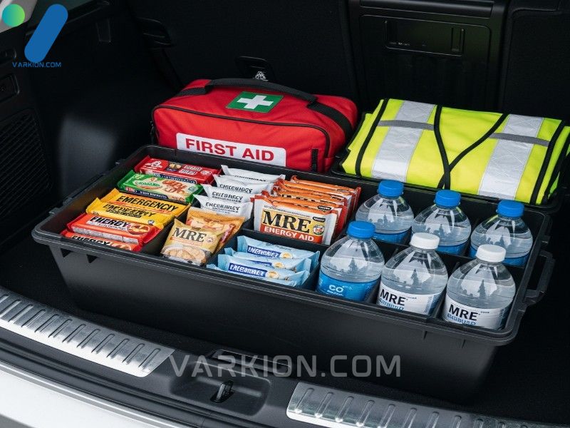 kit-de-supervivencia-para-coche-bien-organizado-con-botiquin-raciones-de-comida-y-chaleco-reflectante-en-el-maletero