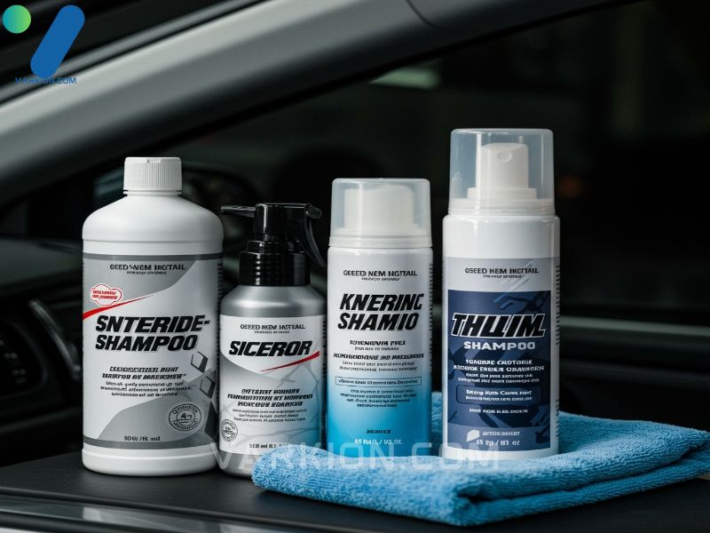 liquid-foam-and-spray-car-interior-shampoo-products-on-a-detailing-towel